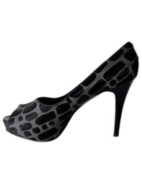 Nine West Bonfire Black and Gray Leather Animal Print Peep-Toe Platform Heels